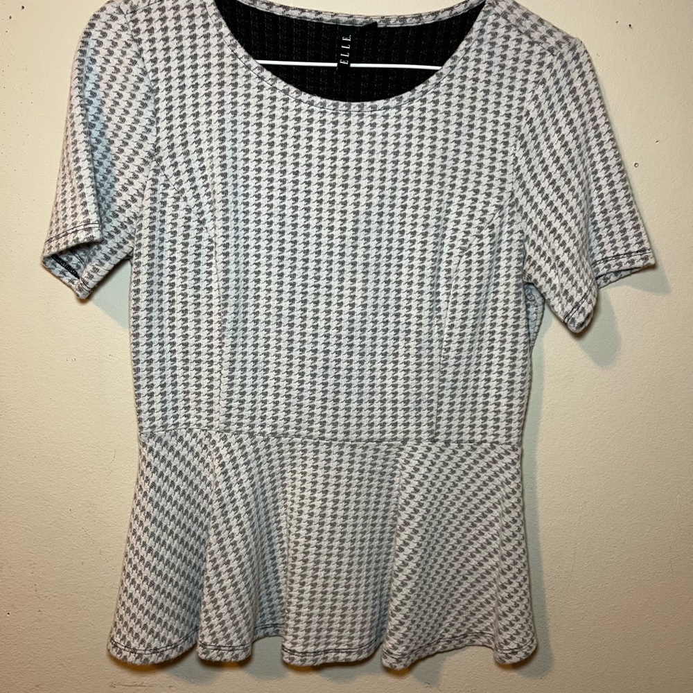 Elle Black and White Houndstooth Peplum Blouse